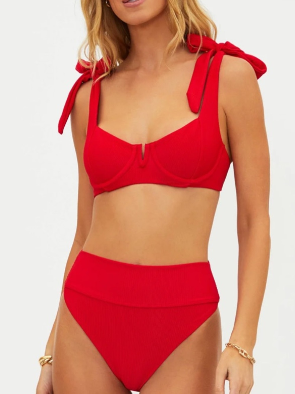 Anthropologie Red Tie-Shoulder Ribbed Bikini Set